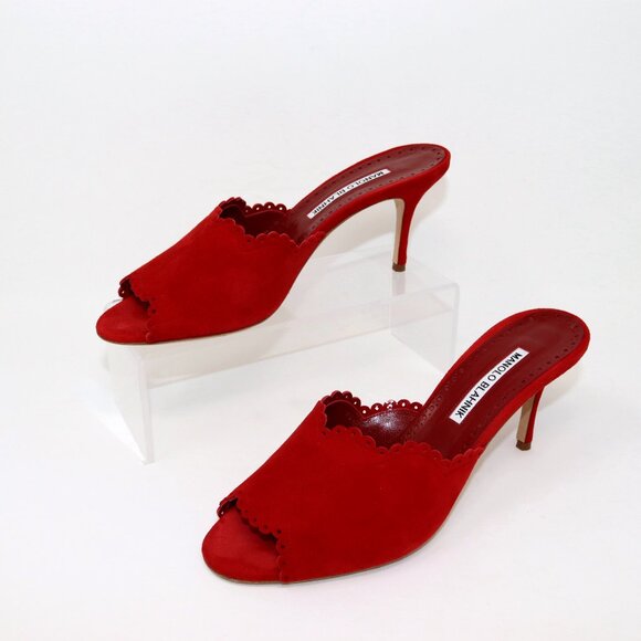 Manolo Blahnik 37.5 Scallop Lace Edge Red Suede Sandal Mule Heel - Picture 7 of 10